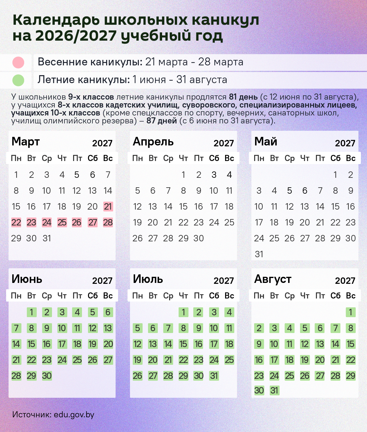 Школьные каникулы в 2026/27 учебном году (инфографика) - Sputnik Беларусь