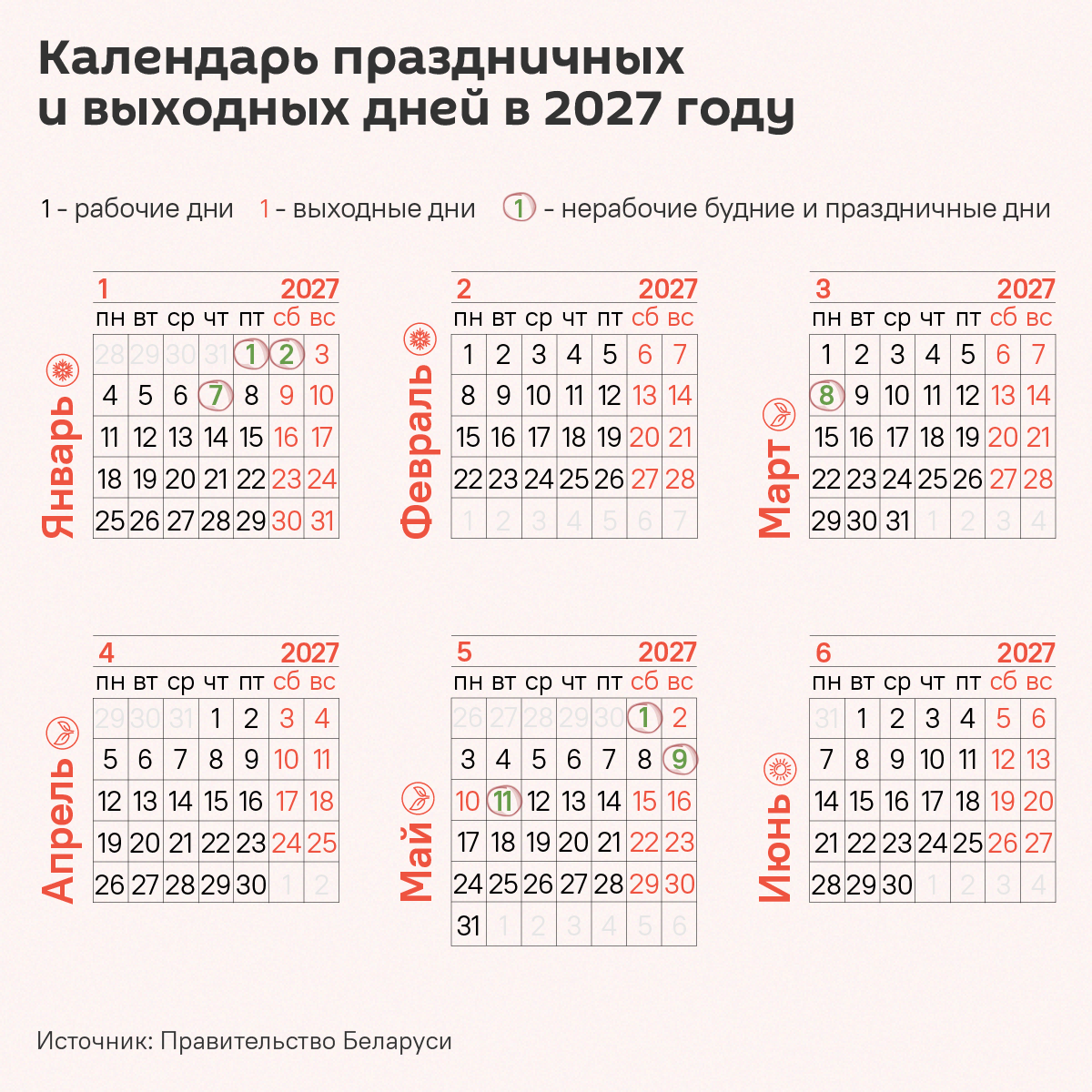 Календарь праздничных дней и переносов в 2027 году – инфографика - Sputnik Беларусь