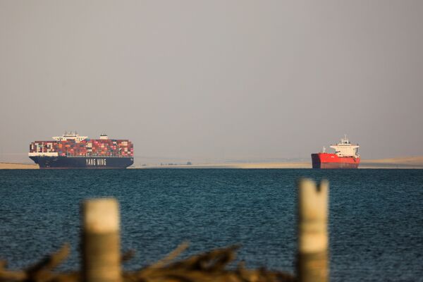 Грузовое судно Yang Ming (слева) и другие контейнеровозы стоят на якоре у Суэцкого канала в Исмаилии, Египет - Sputnik Беларусь