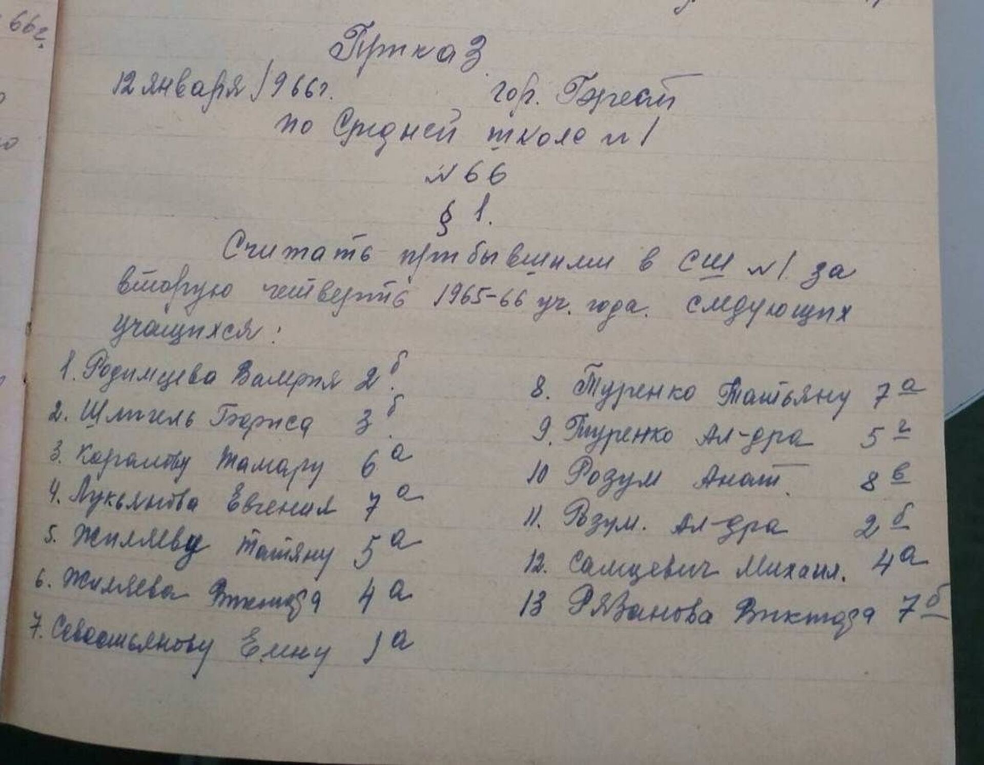 Приказ от 12 января 1966 года о прибывших учащихся - в списке и фамилия будущего дипломата - Sputnik Беларусь, 1920, 29.06.2021