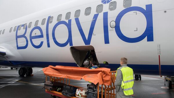 Загрузка чемоданов пассажиров в багажный отсек самолета белорусской авиакомпании Белавиа - Sputnik Беларусь