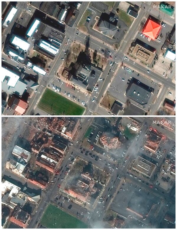 Здание окружного суда в Мейфилде, штат Кентукки, до и после разрушительного  торнадо. - Sputnik Беларусь