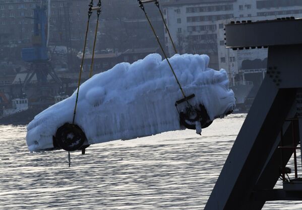 Разгрузка легковых автомобилей, покрытых толстым слоем льда, с сухогруза Sun Rio в порту Владивостока - Sputnik Беларусь