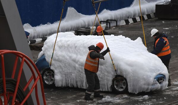 Разгрузка легковых автомобилей, покрытых толстым слоем льда, с сухогруза Sun Rio в порту Владивостока - Sputnik Беларусь