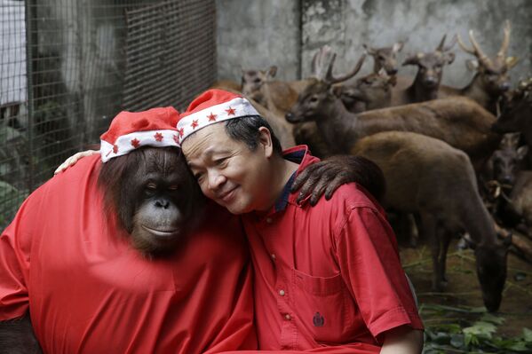 Орангутанг по имени Пакьяо и владелец зоопарка Мэнни Тангко в костюмах Санта-Клауса обнимаются, Филиппины - Sputnik Беларусь