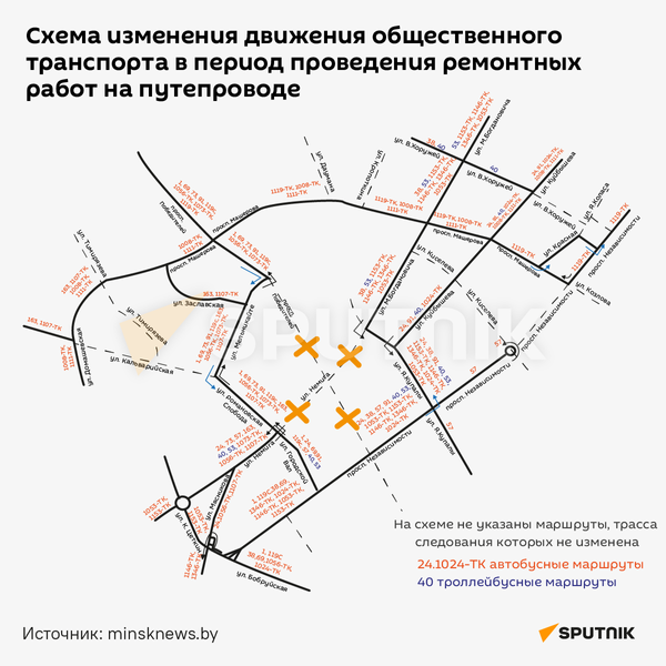 Схема изменения движения общественного транспорта в период проведения ремонтных работ на путепроводе - Sputnik Беларусь