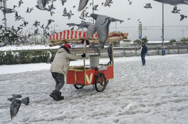 Прадавец цягне сваю каляску з кукурузай у раёне Эмінёню ў Стамбуле. Моцныя снегапады пачаліся ў панядзелак. - Sputnik Беларусь