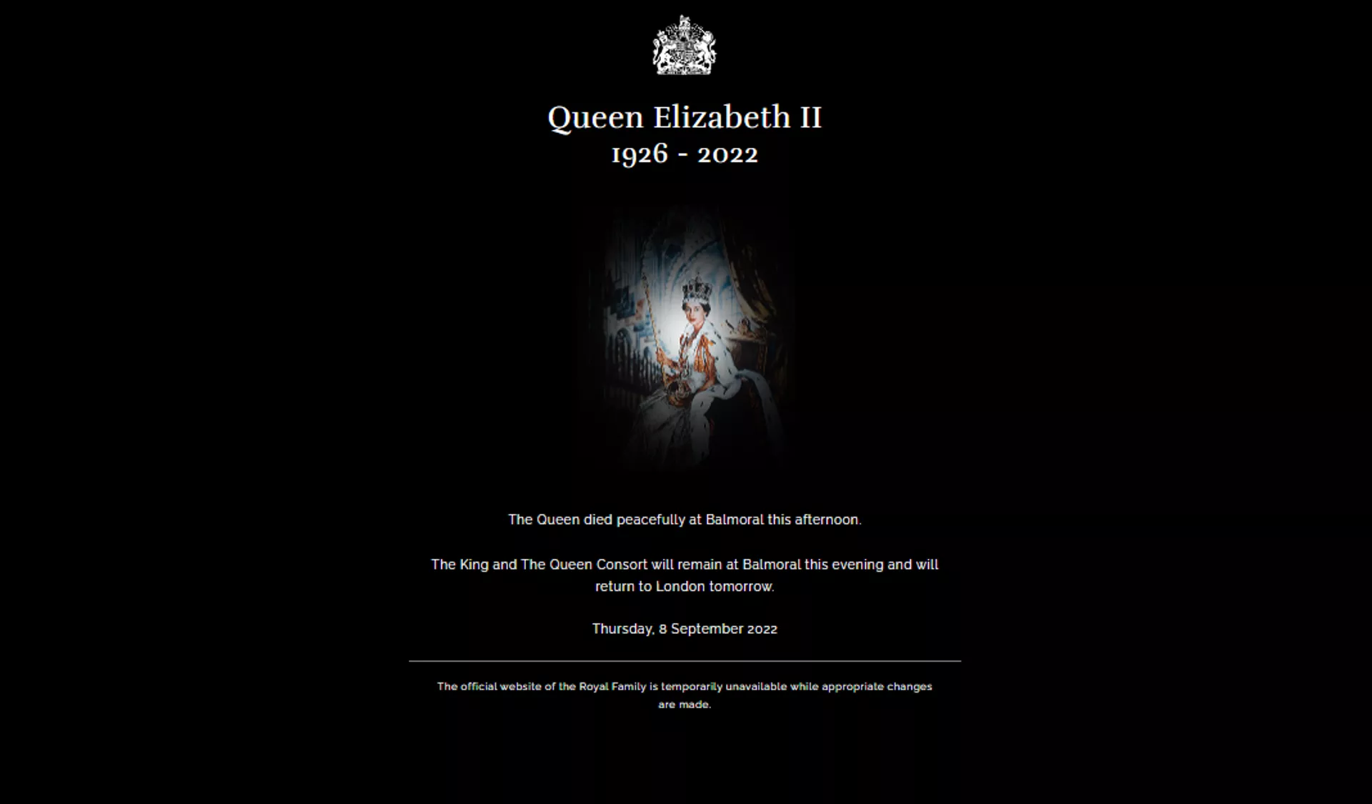 Информация о смерти королевы Елизаветы II размещена на сайте королевской семьи