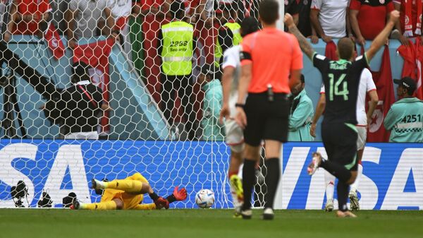 Вратарь сборной Туниса Аймен Дамен пропускает мяч в матче против Австралии  - Sputnik Беларусь