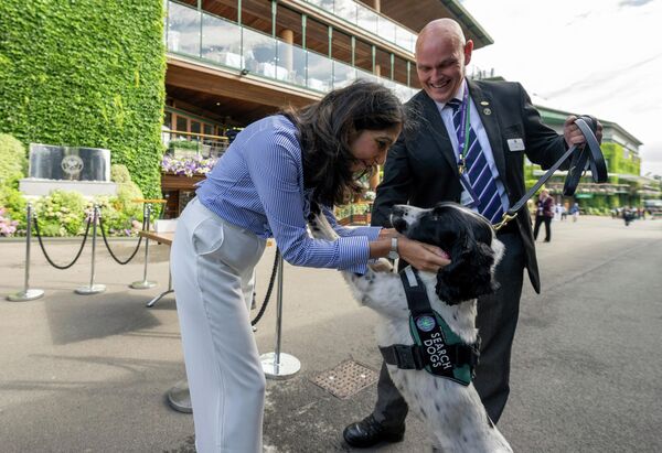 Министр внутренних дел Великобритании Суэлла Браверман (слева) с поисковой собакой во время посещения Всеанглийского клуба в тринадцатый день Уимблдонского чемпионата по теннису  - Sputnik Беларусь