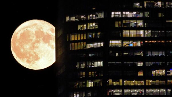 Полная луна за освещенными окнами небоскреба в Нью-Йорке - Sputnik Беларусь