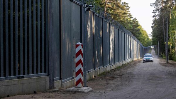 Пограничники патрулируют на автомобиле вдоль пограничной стены на польско-белорусской границе недалеко от Беловежи - Sputnik Беларусь