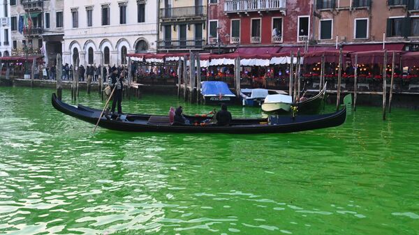 Гондола плывет по Гранд-каналу в воде, которая стала зеленой после того, как активисты Восстания против вымирания (XR) вылили флуоресцеин возле моста Риальто в Венеции - Sputnik Беларусь