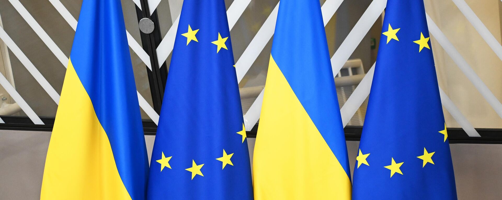 Дзяржаўныя флагі Украіны і флагі з сімволікай Еўрасаюза - Sputnik Беларусь, 1920, 12.08.2025