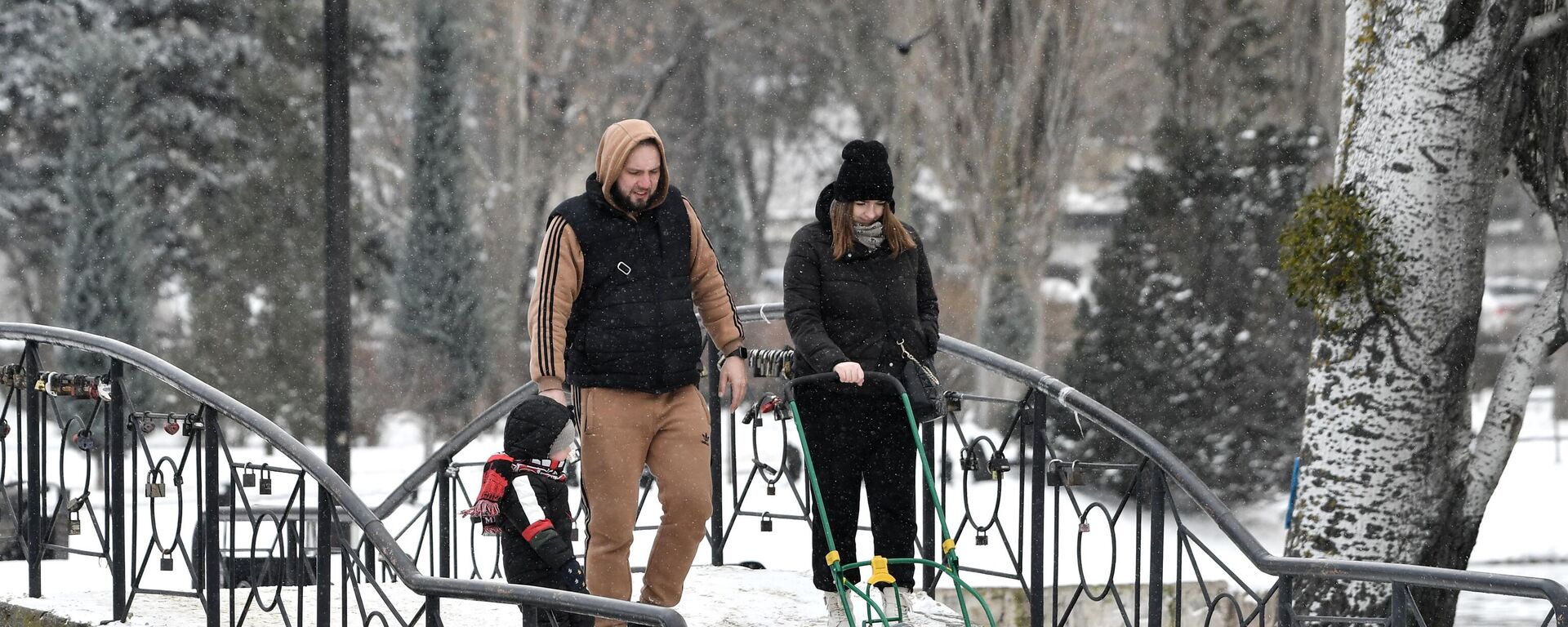 Маладая пара з дзіцем гуляюць у парку - Sputnik Беларусь, 1920, 18.12.2025