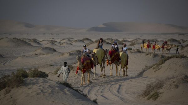 Туристы едут на верблюдах по пустыне, примерно в 50 км от столицы Катара Дохи - Sputnik Беларусь