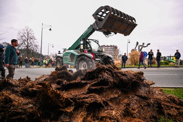 Трактор сбрасывает навоз на улицу во время демонстрации фермеров, требующих улучшения условий для выращивания продукции и поддержания надлежащего дохода в Намюре, Бельгия. - Sputnik Беларусь
