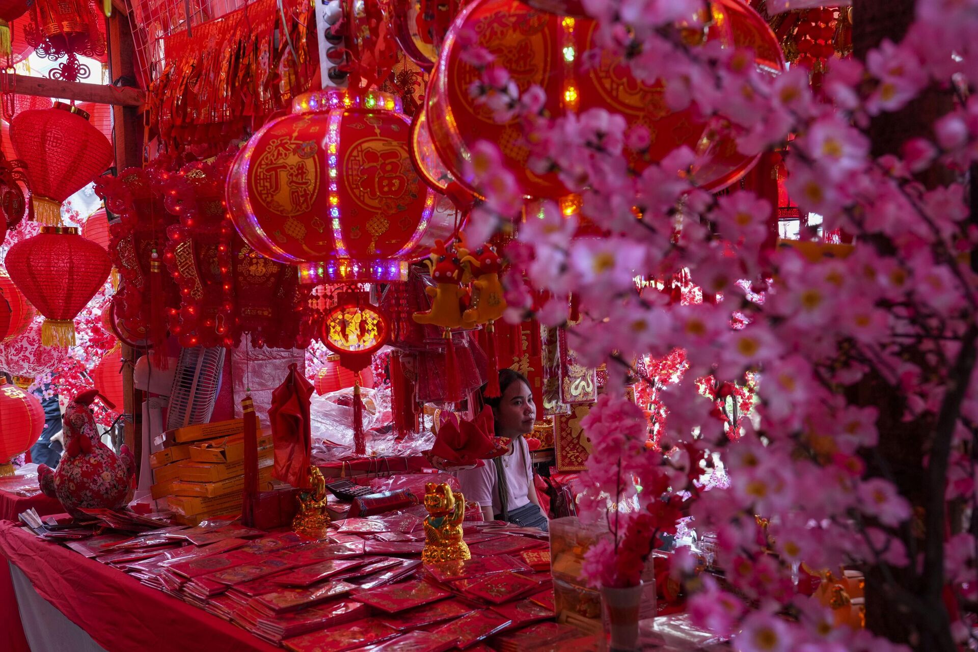 Продавщица китайских новогодних украшений ждет покупателей у своего прилавка - Sputnik Беларусь, 1920, 01.02.2024