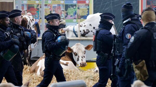 Полиция в защитном снаряжении в Париже возле 60-й Международной сельскохозяйственной ярмарки - Sputnik Беларусь