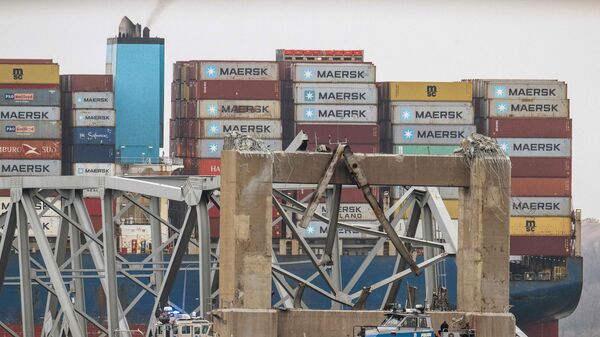 Обрушившийся мост Фрэнсиса Скотта Ки и контейнеровоз Дали в Балтиморе - Sputnik Беларусь