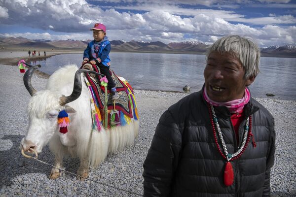 Житель Тибета ждет, пока турист позирует на белом яке на берегу озера в Нам-цо (Небесное озеро) в Тибетском автономном районе на западе Китая. - Sputnik Беларусь