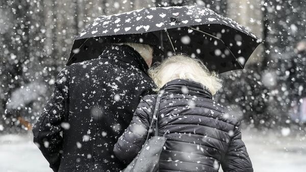 Пара под зонтом во время снегопада - Sputnik Беларусь