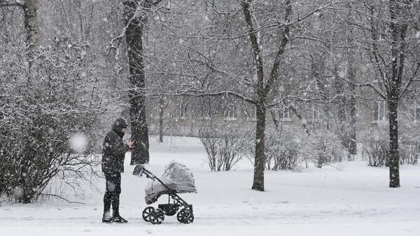 Прохожий с коляской во время снегопада, архивное фото - Sputnik Беларусь
