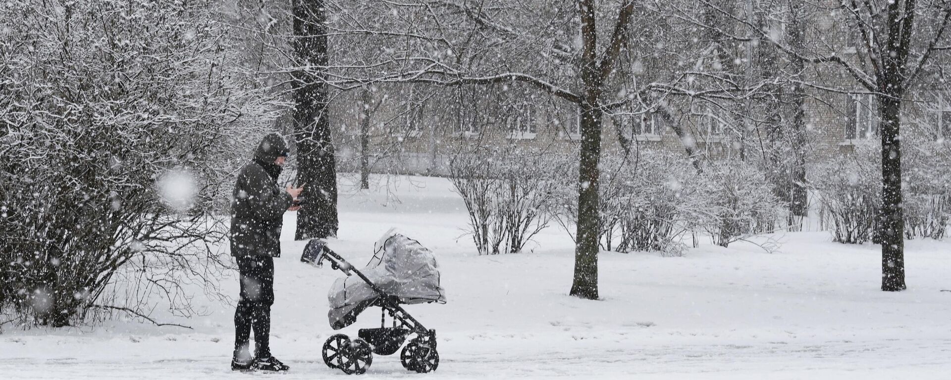 Прохожий с коляской во время снегопада, архивное фото - Sputnik Беларусь, 1920, 10.01.2026
