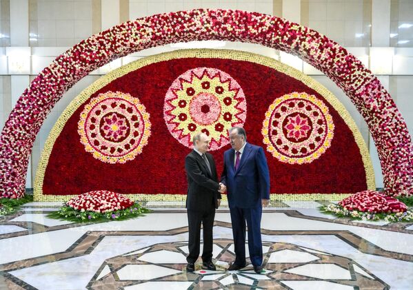 8 октября 2025 года. Президент РФ Владимир Путин и президент Таджикистана Эмомали Рахмон во время встречи в Душанбе.