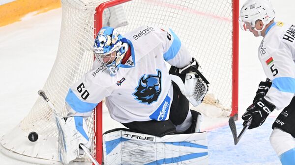 Вратарь Зак Фукале (Динамо Минск) и Роберт Хэмилтон (Динамо Минск) в матче регулярного чемпионата Континентальной хоккейной лиги (КХЛ) - Sputnik Беларусь