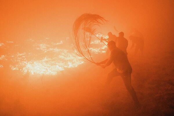 Пожарные и лесничие работают всю ночь, чтобы локализовать лесной пожар, угрожающий жилым районам в муниципалитете Оимбра в испанской Галисии (август 2025 года). - Sputnik Беларусь