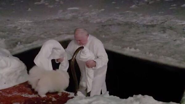 Александр Лукашенко окунается в прорубь - Sputnik Беларусь