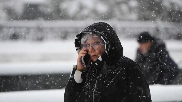 Женщина с телефоном во время снегопада - Sputnik Беларусь