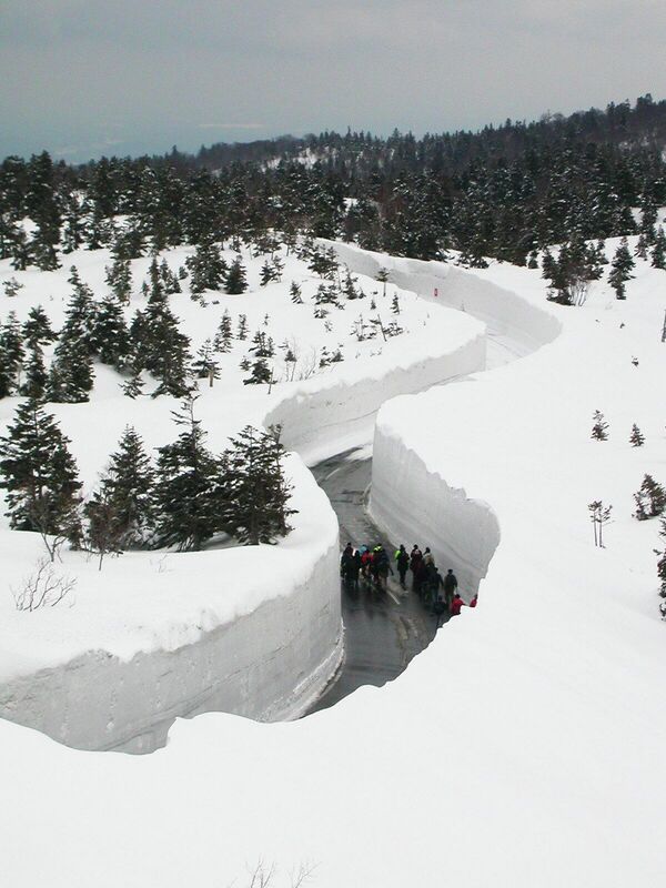 Путь среди высоких сугробов в японском городе Аомори