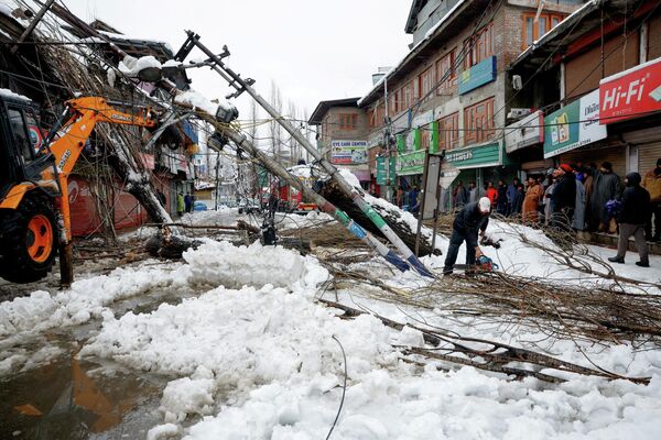 Рабочие расчищают завалы из рухнувших деревьев и поврежденных ветром электрических столбов на окраине города Сринагар в индийском Кашмире, январь 2026 года. - Sputnik Беларусь