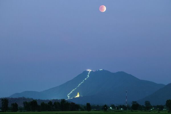 Полное лунное затмение в марте совпадает с буддийским праздником Макха Буча, символизирующим очищение разума и просветления. На фото - красная Луна над Ват Кхао Вонг Прачан - самой высокой горой в провинции Лопбури в Таиланде.