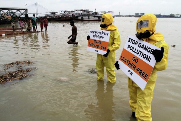 Активисты организации PETA в защитных костюмах стоят в реке Ганг с плакатами в знак протеста против загрязнения реки кожевенной промышленностью, Калькутта, Индия - Sputnik Беларусь