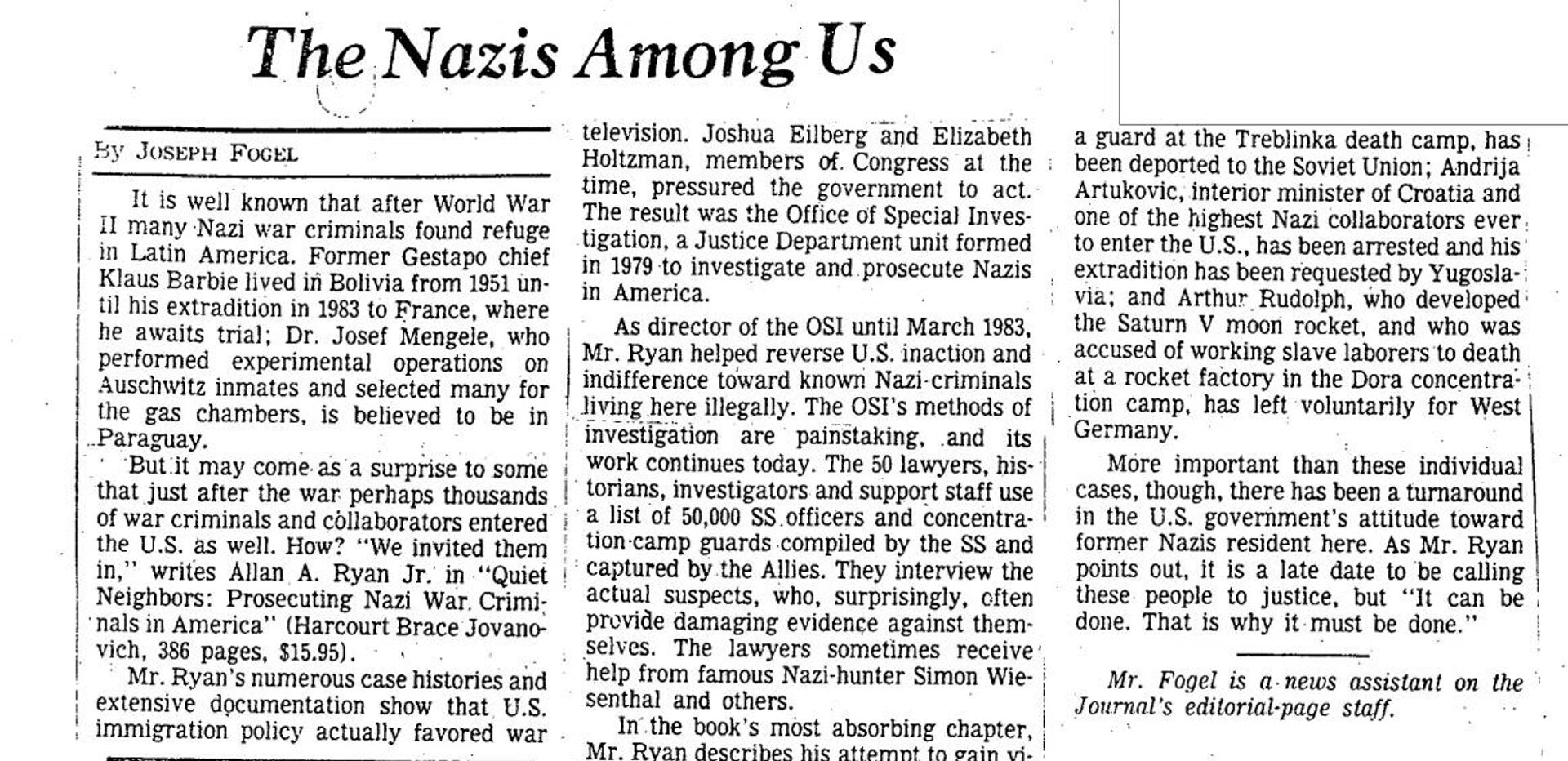Статья Нацисты среди нас в американской газете The Wall Street Journal от 10 января 1985 года. - Sputnik Беларусь, 1920, 07.05.2026
