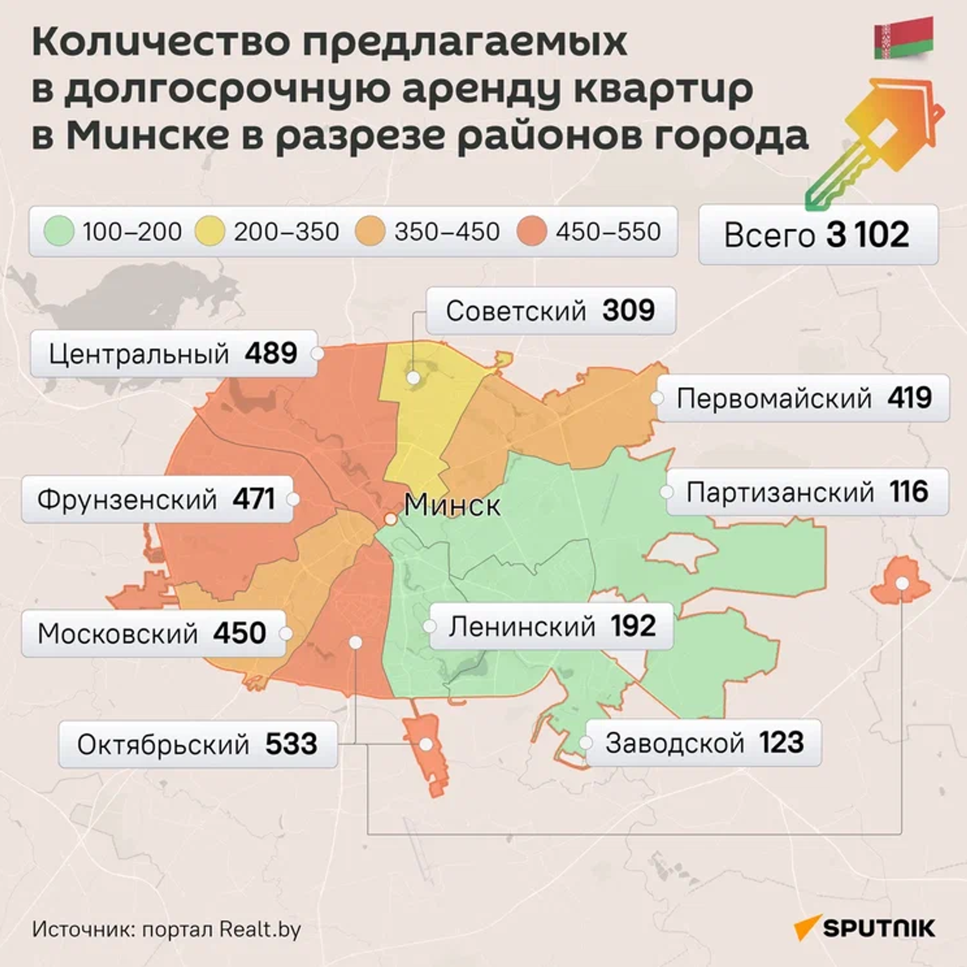 Количество предлагаемых в долгосрочную аренду квартира в Минске в разрезе районов города Количество предлагаемых в долгосрочную аренду квартира в Минске в разрезе районов города - Sputnik Беларусь, 1920, 21.07.2026