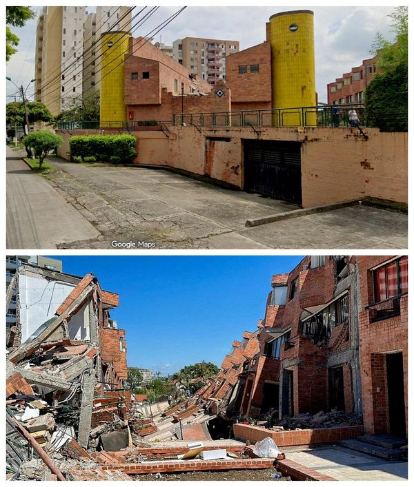 Жилой комплекс Condominio Pio XII в городе Кали в ноябре 2022 года (вверху) и разрушенный комплекс после землетрясения 10 августа. - Sputnik Беларусь