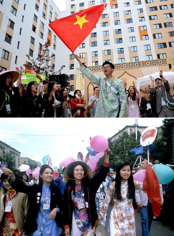 Сверху: участники международного фестиваля молодежи в Екатеринбурге. Снизу: участники вьетнамской делегации во время праздничного шествия на Центральный стадион имени В.И.Ленина, посвященного торжественному открытию XII Всемирного фестиваля молодежи и студентов. 27 июля 1985. - Sputnik Беларусь