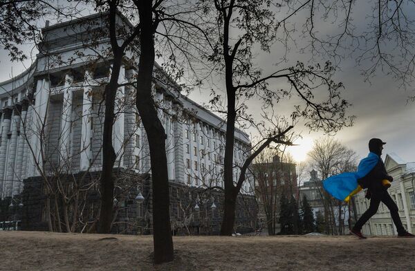 Сторонник евроинтеграции Украины проходит мимо здания правительства после рассмотрения вопроса об отставке правительства Николая Азарова - Sputnik Беларусь