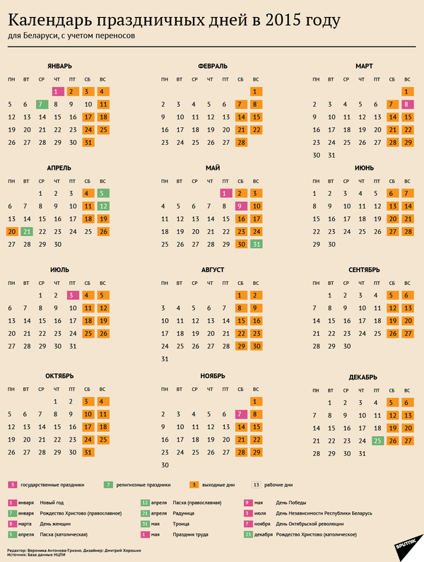 Календарь праздничных и выходных дней в 2015 году - Sputnik Беларусь