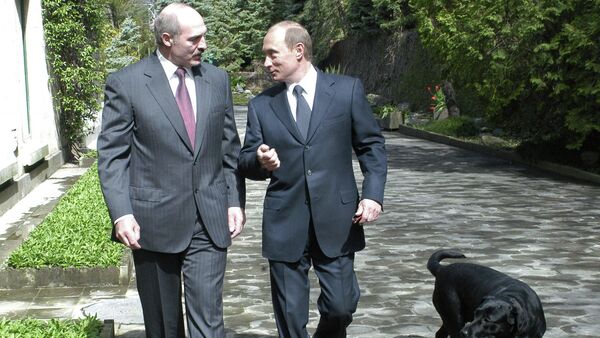 Президенты России и Беларуси Владимир Путин и Александр Лукашенко во время встречи (справа налево) - Sputnik Беларусь
