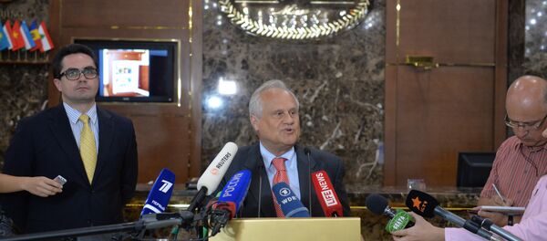 Представитель ОБСЕ в контактной группе Мартин Сайдик и пресс-секретарь МИД Беларуси Дмитрий Мирончик перед журналистами - Sputnik Беларусь