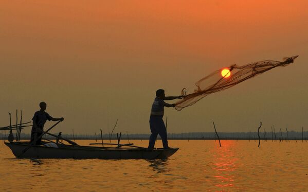Поймал солнце! Рыбак забрасывает сеть в озеро во время заката в Чучжоу, Китай. - Sputnik Беларусь