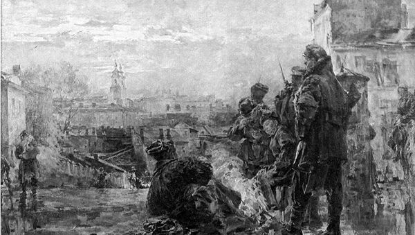 Картина художника Н.Воронова, на которой запечатлено минское утро одного из дней в конце октября 1917 года. Вид со стороны Троицкого предместья - Sputnik Беларусь
