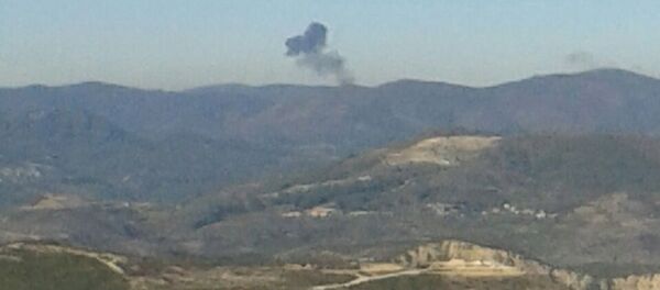 Дым на месте падения российского самолета Су-24 в Сирии Дым на месте падения российского самолета Су-24 в Сирии - Sputnik Беларусь