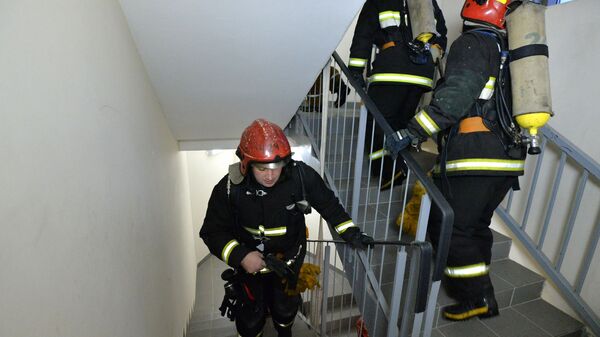 Пожарные поднимаются по лестнице, архивное фото - Sputnik Беларусь