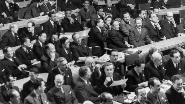 Первая сессия Генеральной Ассамблеи Организации Объединенных Наций в Централ Холле в Лондоне 10 января 1946 года - Sputnik Беларусь